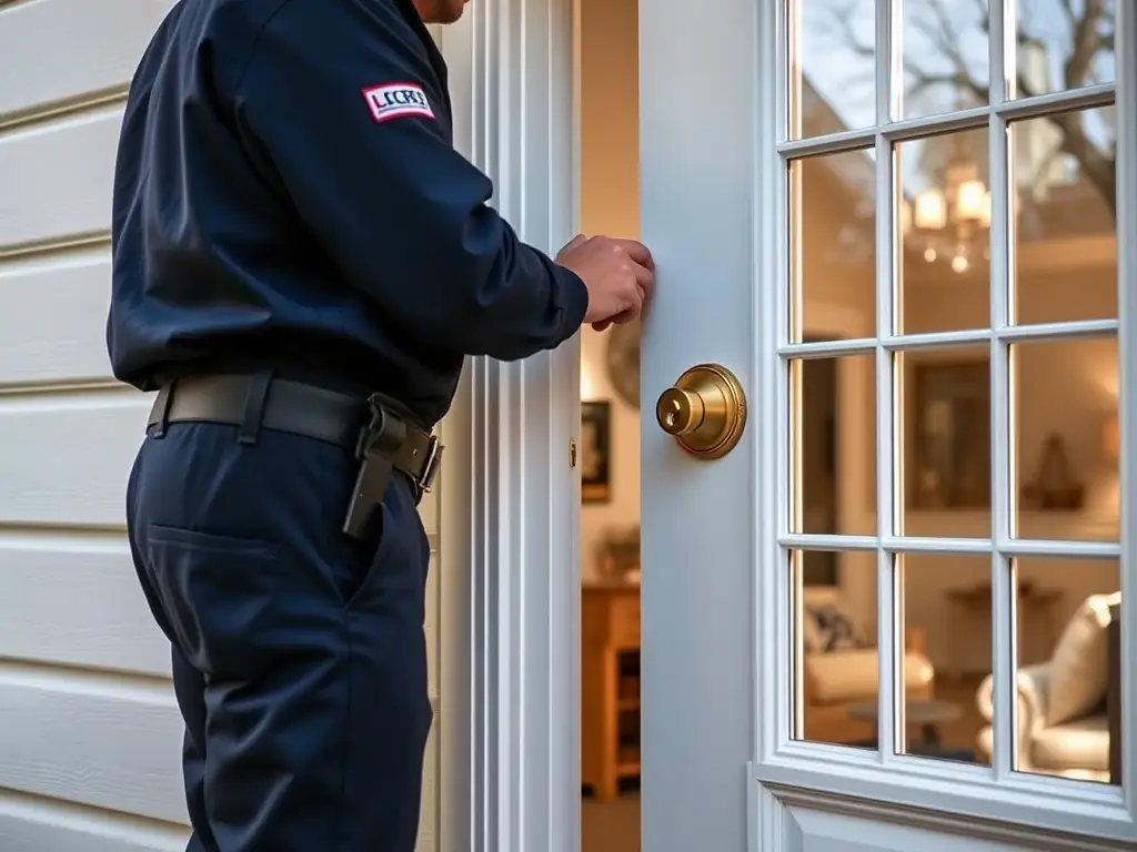 A locksmith working on a residential door lock, showcasing the precision and care taken during a lock replacement service.