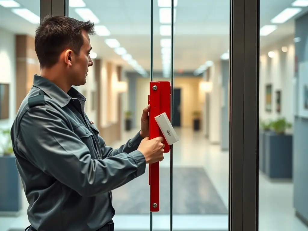 A locksmith installing a panic bar in a commercial building, emphasizing the importance of safety and compliance in business settings.