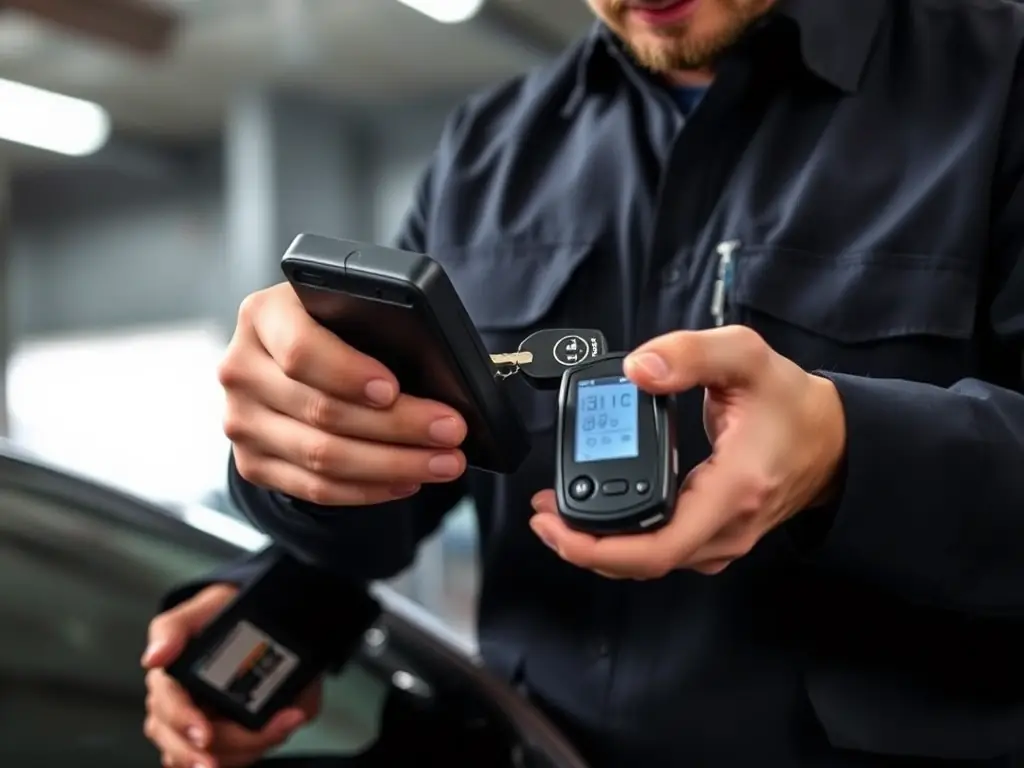 A locksmith using specialized tools to program a car key, highlighting the advanced technology used in automotive locksmith services.