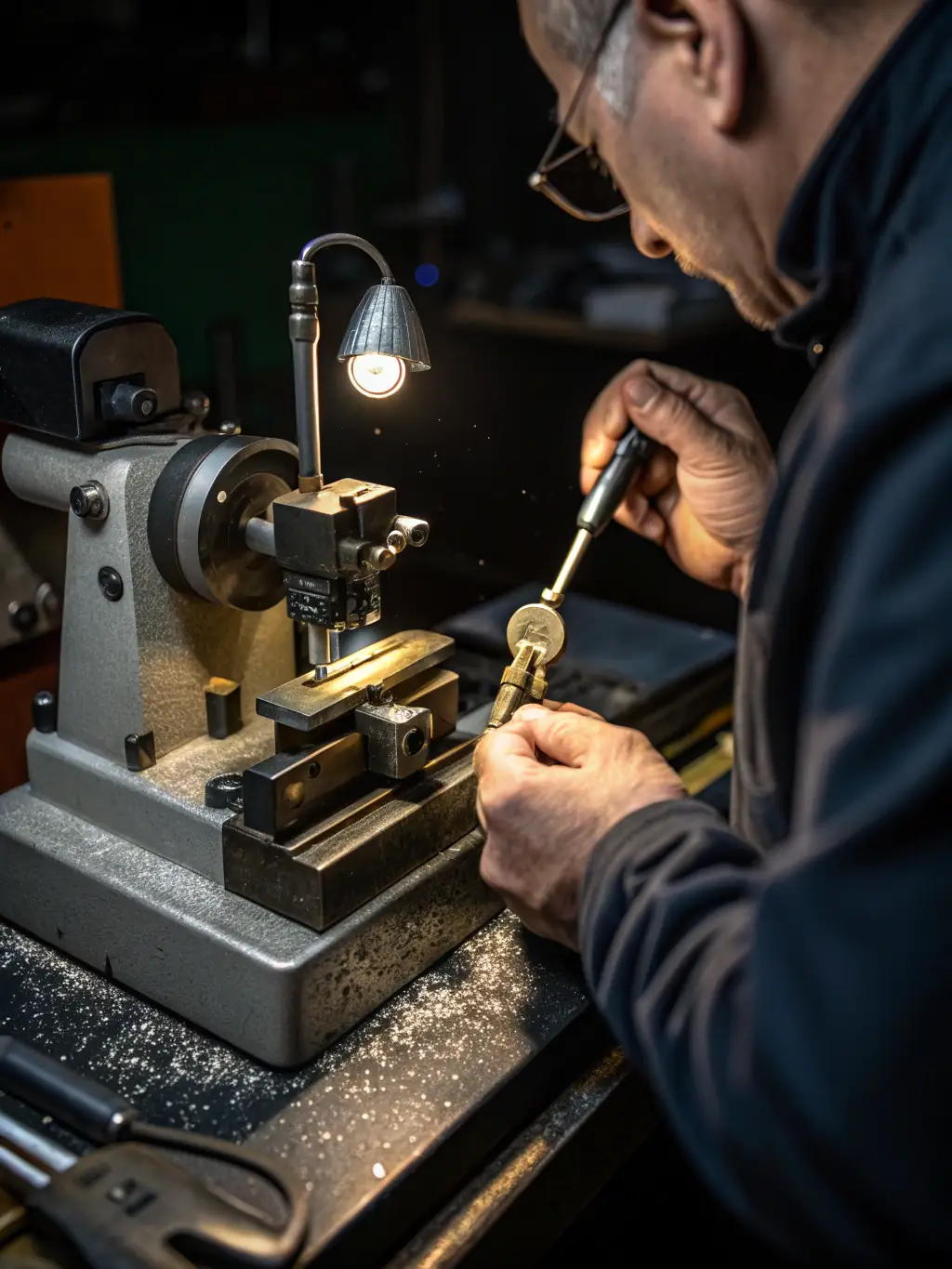 A locksmith using a laser key cutting machine to precisely cut a car key, demonstrating the advanced technology used by 5 Star Locksmith.