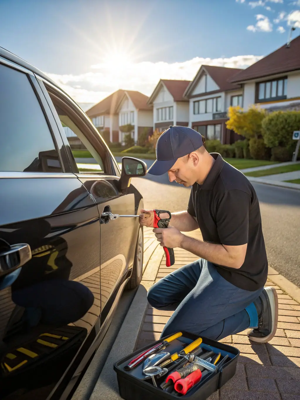 A locksmith skillfully opening a locked car door with specialized tools, emphasizing the quick and damage-free auto opening services provided by 5 Star Locksmith.